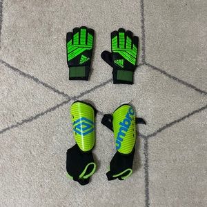 Umbro soccer shin guards and Adidas goalie gloves